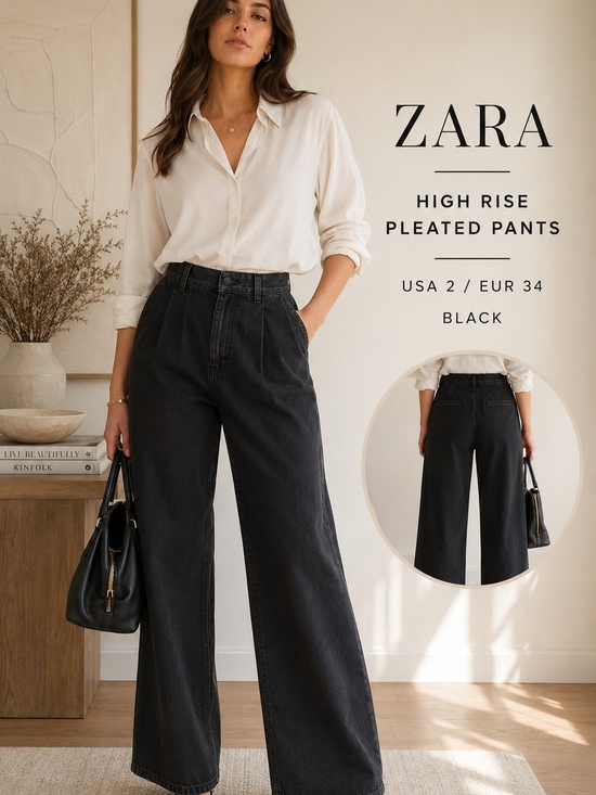 Zara Denim - Zara High Rise Pleated Wide Leg Pants Black Trouser Jeans USA 2 EU 34